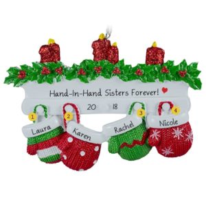 Personalized 4 Sisters Mittens on Mantle With CANDLES Ornament RED & GREEN