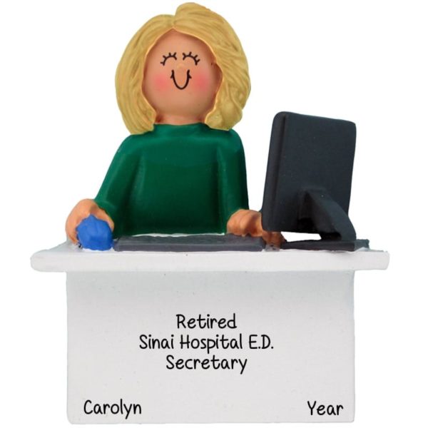 Personalized Retirement Gift Female Sitting At Computer Ornament BLONDE