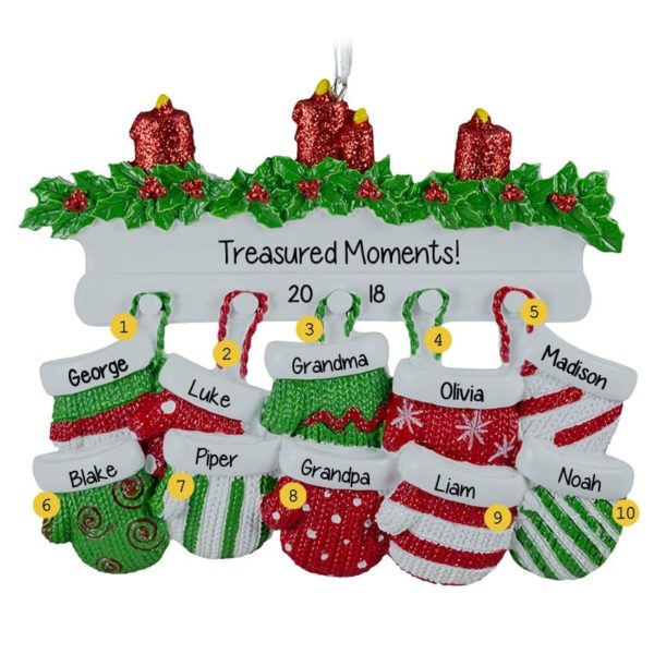 Grandparents + 8 Grandkids Mittens On Mantle Ornament RED & GREEN