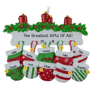 Personalized 10 Grandkids Mittens On Mantle Ornament RED & GREEN