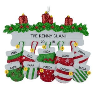 Personalized Family Of 10 Mittens Christmas Ornament RED & GREEN