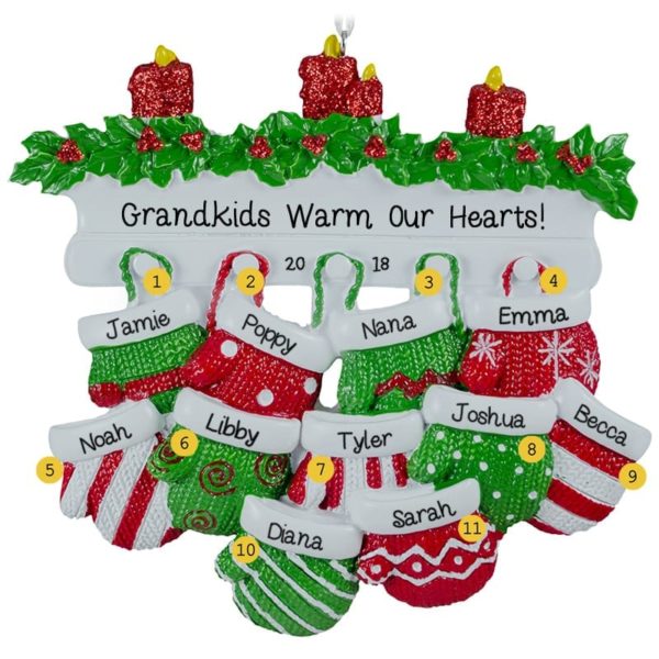 Personalized 11 Grandkids Mittens On Fireplace Ornament RED & GREEN