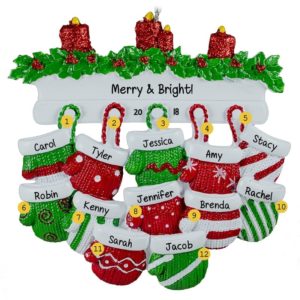 Image of Personalized 12 Mittens On Mantle Christmas Ornament RED & GREEN