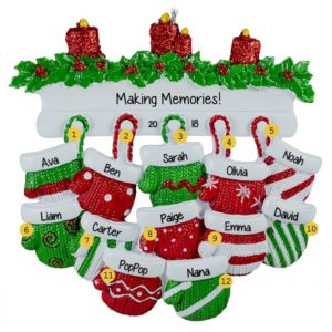 Personalized Grandparents + 10 Grandkids Mittens Mantle Ornament RED & GREEN