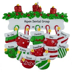 Image of Personalized Group of 12 Mittens On Mantle Ornament RED & GREEN