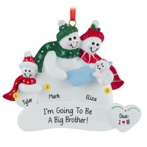 Gender Reveal Announcement Snow Couple Holding Baby BOY + 1 Kid  Ornament