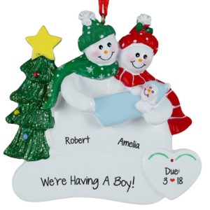 Gender Reveal Personalized Snow Couple + Baby BOY Ornament