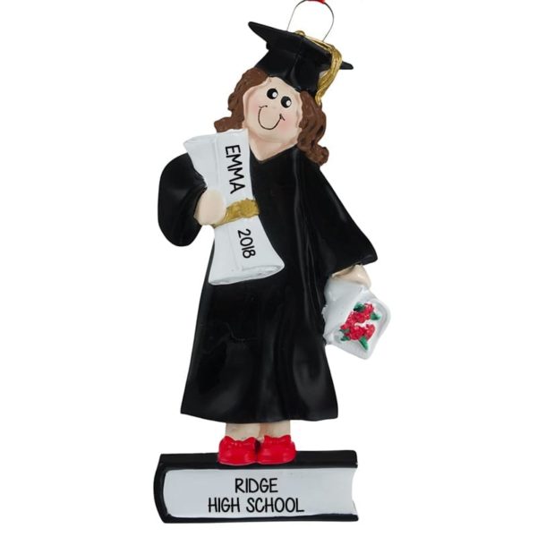 Girl Graduate Holding Diploma And Red Roses Personalized Ornament BRUNETTE