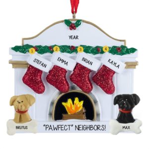 Neighbors Family of 4 + 2 Dogs Fireplace Ornament