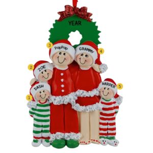 Mr + Mrs Claus With 3 Grandkids Dressed in Jammies Ornament