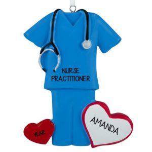 Nurse Practitioner BLUE Scrubs Stethoscope Hearts Ornament