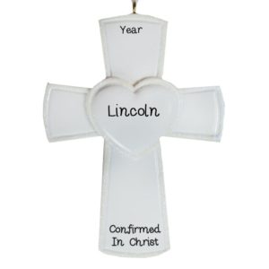 Image of Personalized Confirmation WHITE Cross Glittered Ornament Boy