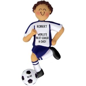 Image of Personalized MALE Soccer Coach And Dad Ornament BLUE BROWN Hair