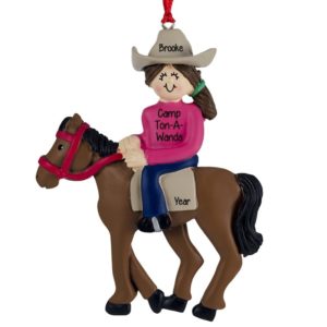 Image of Equestrian Camp Girl On Horseback PINK Shirt Personalized Ornament BRUNETTE