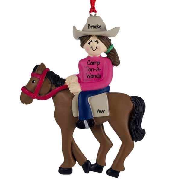 Equestrian Camp Girl On Horseback PINK Shirt Personalized Ornament BRUNETTE