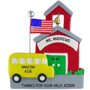 Teacher Aide Schoolhouse Flag + Bus Ornament