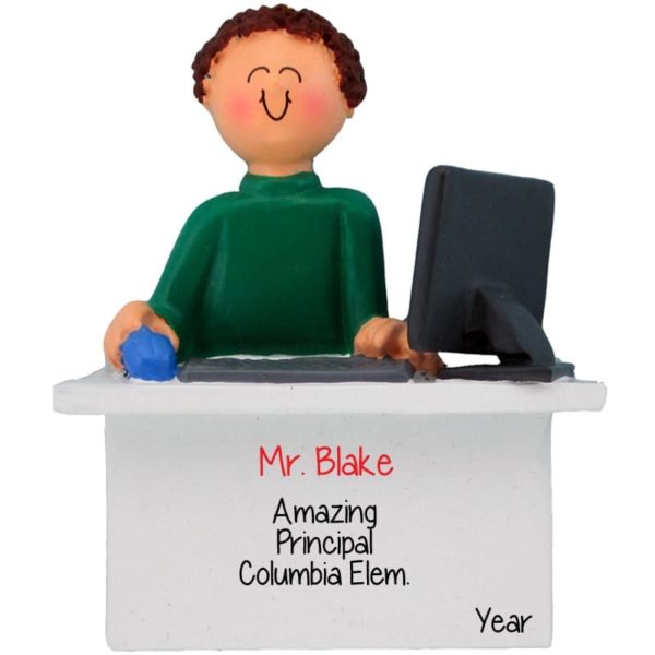 Personalized MALE Principal At Desk + Computer Ornament BROWN HAIR