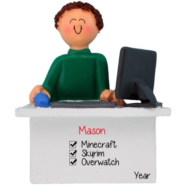 Boy Playing Video Games On His PC Ornament BROWN HAIR