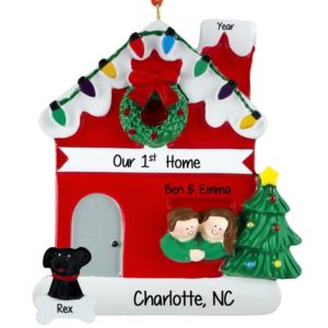 Our 1st Home Couple + Dog Christmasy House Ornament BROWN HAIR