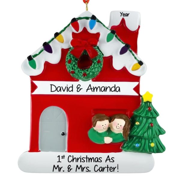 Personalized Newly Wed Couple In Christmasy House Ornament BROWN HAIR