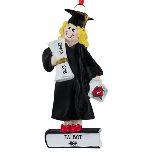 Personalized Female Graduate With Diploma and Flowers Ornament BLONDE