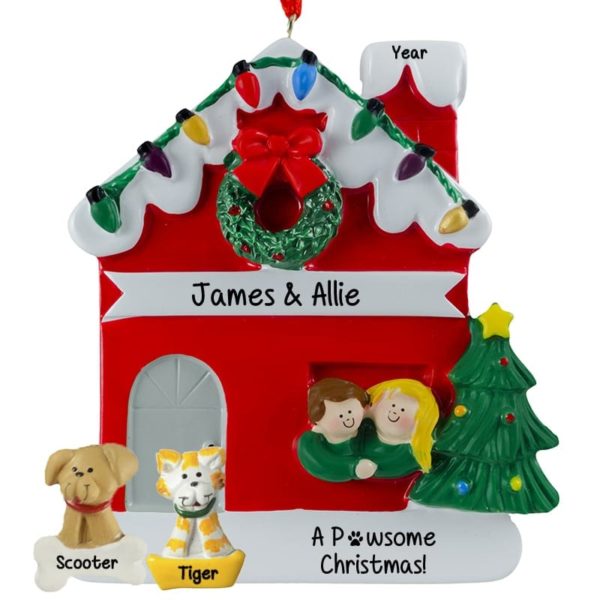 Image of Couple With CAT & DOG Christmas Lights Male BROWN Hair Female BLONDE