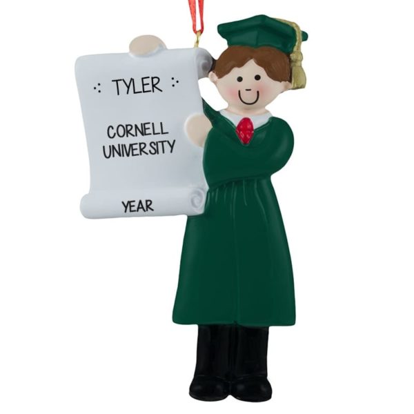 Personalized MALE College Graduate Wearing GREEN Robe Ornament BROWN Hair