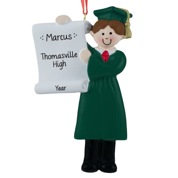 Personalized MALE High School Graduate Wearing GREEN Ornament BROWN Hair