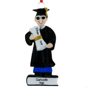MALE Graduate Holding Diploma Standing On Book Personalized Ornament BROWN Hair