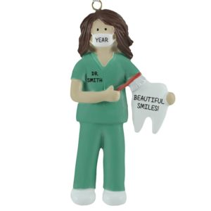 Female Dentist Green Scrubs Holding Tooth Personalized Ornament BRUNETTE