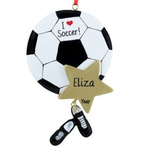 I Love Soccer Ball Dangling Cleats Personalized Ornament