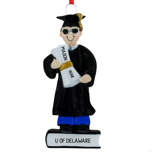 Image of College Graduation MALE Holding Diploma Standing On Book Personalized Ornament BROWN Hair