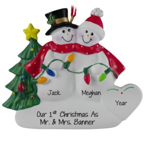 1st Christmas As Mr. & Mrs. Snow Couple Holding Lights Ornament