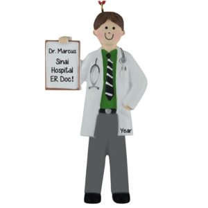 Male Doctor Holding A Chart & Wearing Stethoscope Ornament BROWN Hair