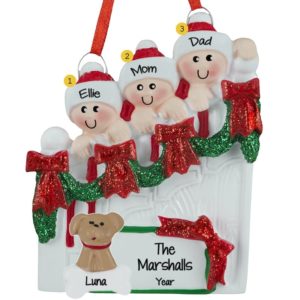 Family of 3 + Dog On Christmasy Steps Ornament