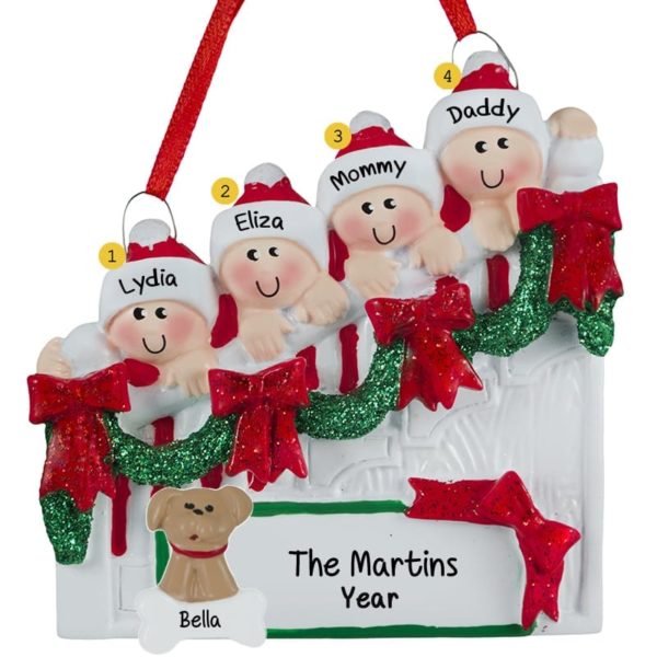 Family of 4 + Dog On Christmasy Steps Ornament