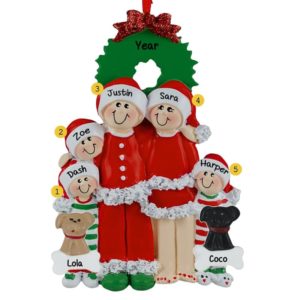 Pajama Family Of 5 + 2 Pets Personalized Ornament