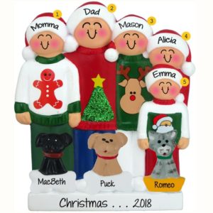 Family Of 5 + 3 Pets Wearing Ugly Christmas Sweaters Ornament