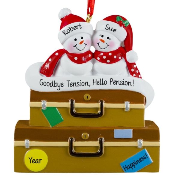 Retiring Snow Couple On Suitcases Goodbye Tension, Hello Pension Ornament