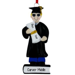 MALE Middle School Graduate Holding Diploma Standing On Book Personalized Ornament BLONDE Hair