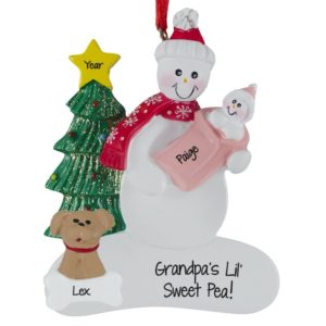 Grandpa Holding His Baby Granddaughter + Dog Ornament PINK