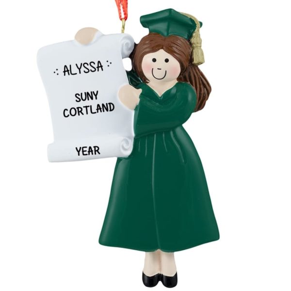 Image of Personalized GIRL College Graduate GREEN Gown Ornament BRUNETTE