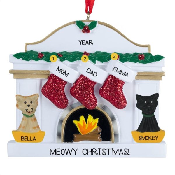 Personalized Family Of 3 With 2 CATS Fireplace Ornament