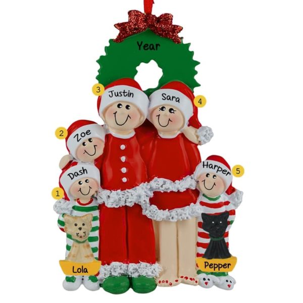 Pajama Family Of 5 With 2 CATS Personalized Ornament