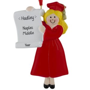 GIRL Middle School Graduate RED Cap And Gown Ornament BLONDE