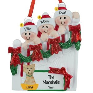 Family of 3 + CAT On Christmasy Steps Ornament