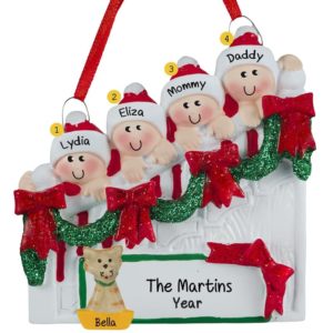 Image of Family of 4 + CAT On Christmasy Steps Ornament