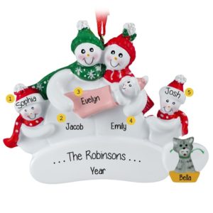 Image of Snow Family of 5 with Baby GIRL + CAT Ornament