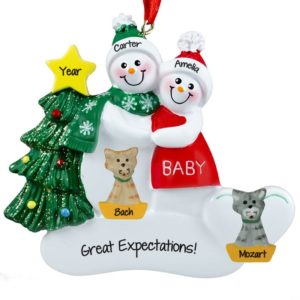 Pregnant Snow Couple + 2 CATS Personalized Ornament RED Dress
