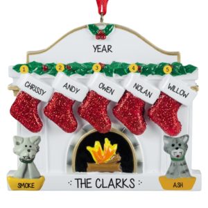 Family Of 5 + 2 CATS White Fireplace Ornament